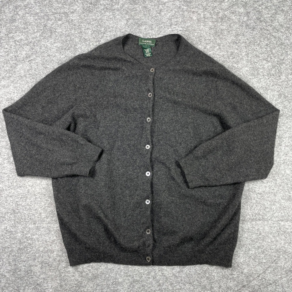 Lauren Ralph Lauren 100% Cashmere Cardigan Womens L Charcoal Grey Button Front